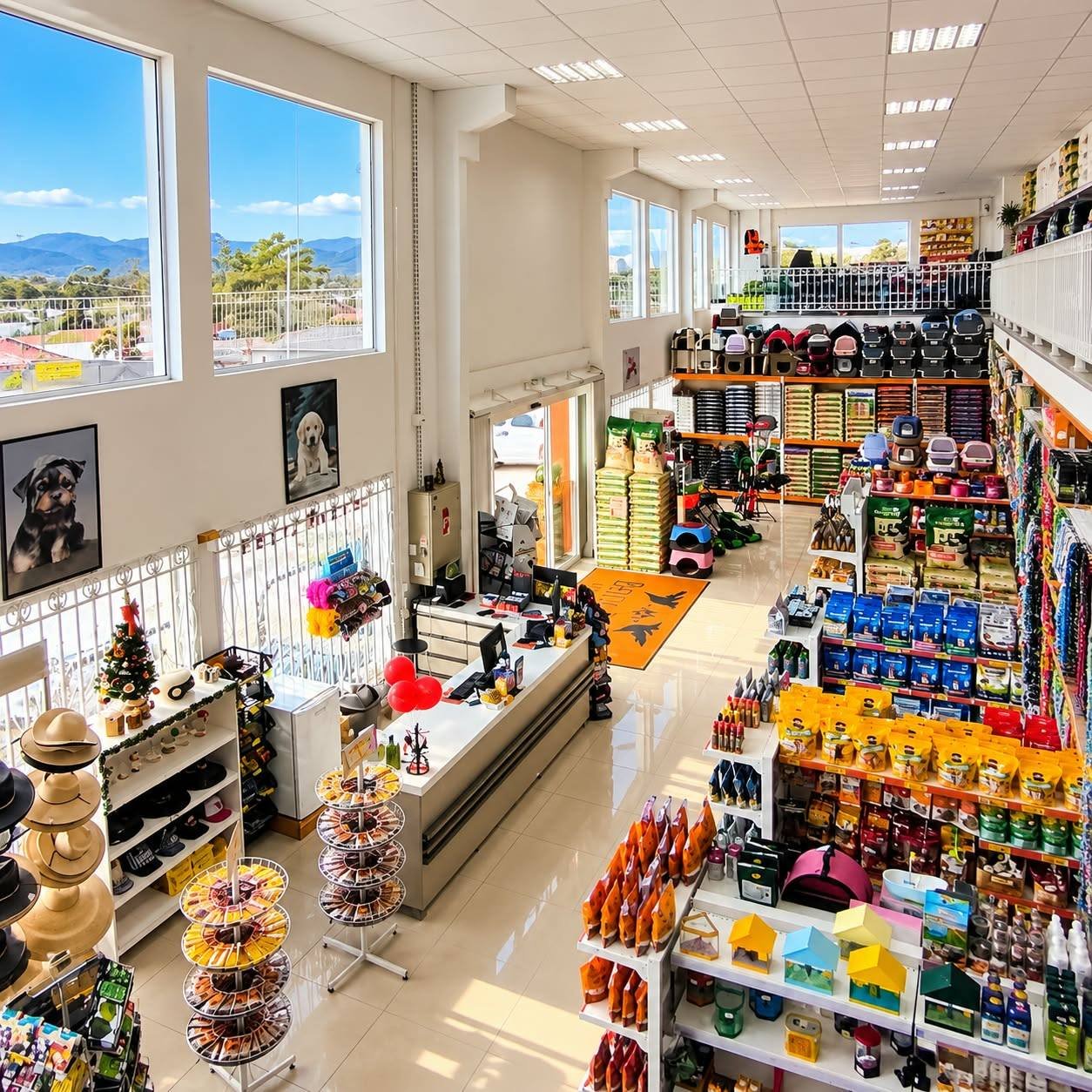 Vista do mezanino da loja: caixa, corredores de produtos e a serra pelas janelas