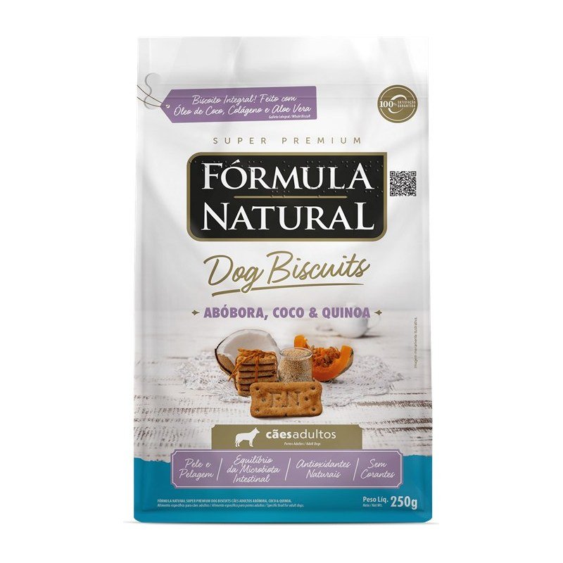 F&Oacute;RMULA NATURAL DOG BISCUITS AB&Oacute;BORA, COCO E QUINOA 250G