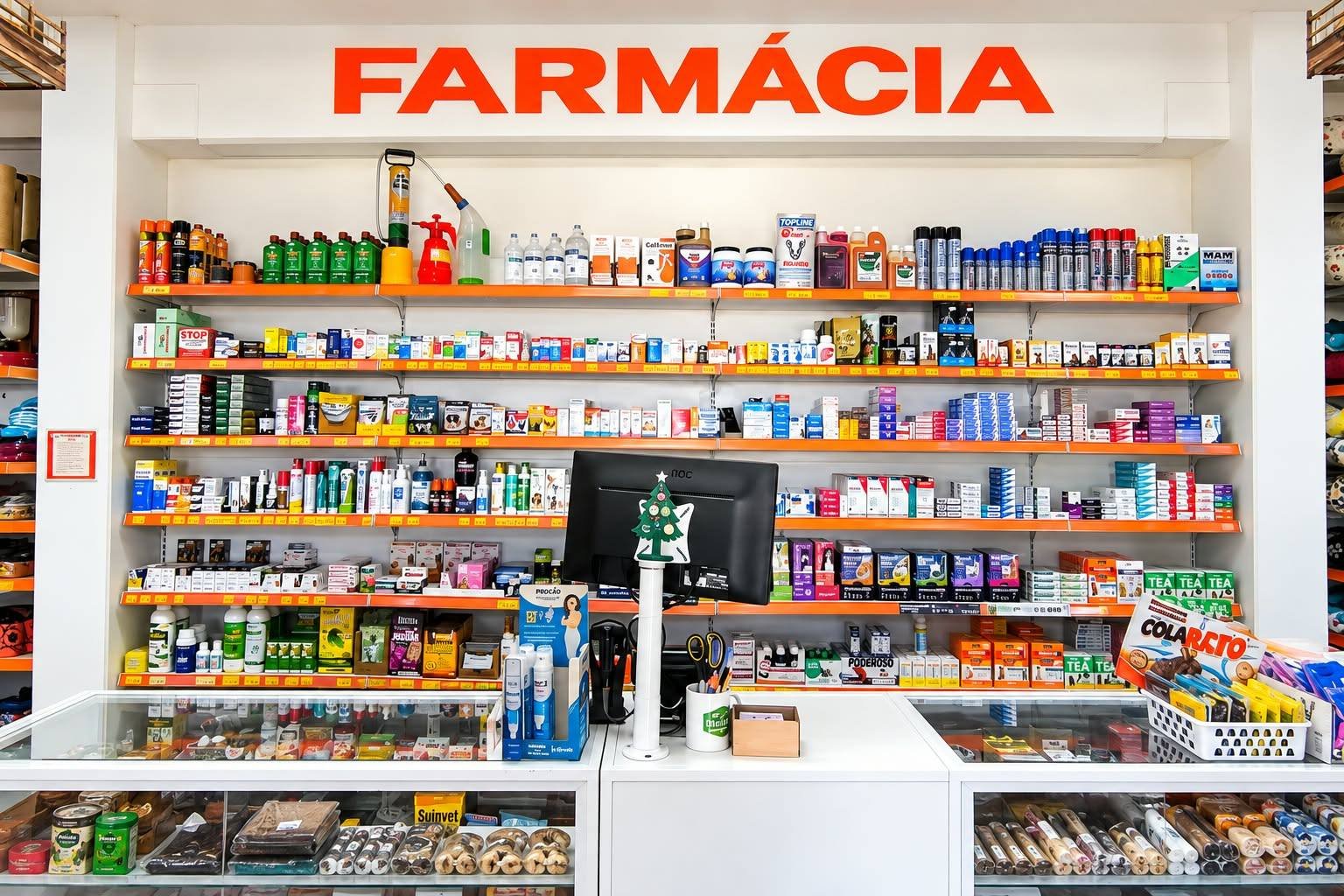 Balcão da farmácia veterinária da Beija-Flor com medicamentos e itens de cuidado